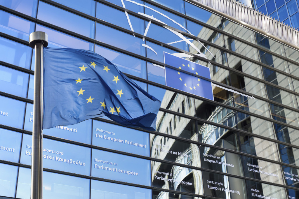 European Union flag against European Parliament
