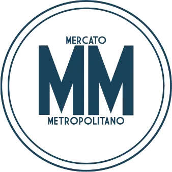 Mercato Metropolitano | Whitehouse Communications Blue circular stamp logo with two large M letters in the center and 'Trademark' text along the bottom.