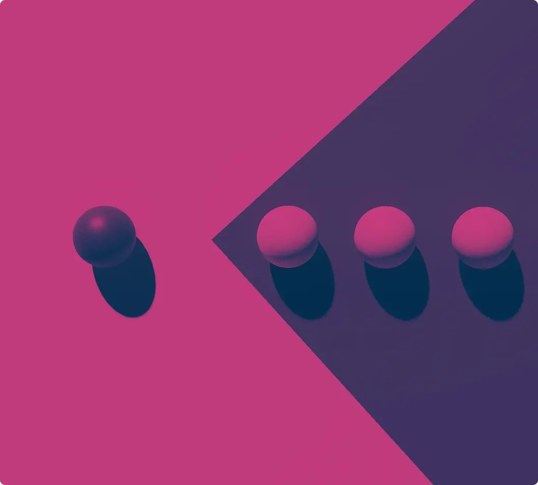 arrow and balls copy2x | Whitehouse Communications Abstract geometric composition: one pink sphere on the left and three pink spheres casting blue shadows on a dark purple diamond-shaped area.