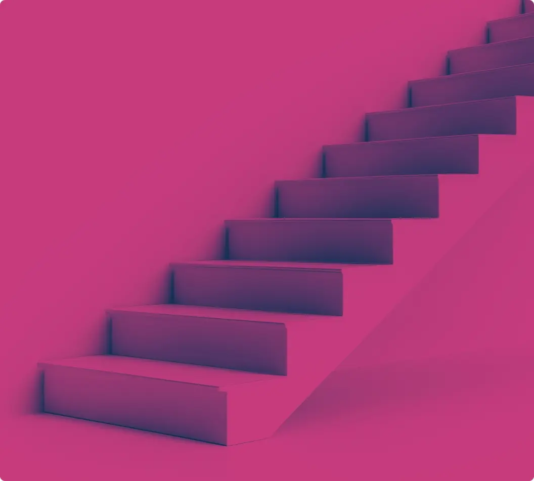 stairs2x | Whitehouse Communications Pink-tinted staircase ascending diagonally toward the top-right, empty and minimal.